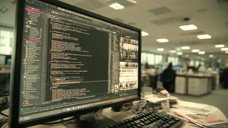 A Close-Up View of a Computer Screen Displaying Code in a Collaborative Office Environment, Highlighting the Integration of Technology and Teamwork in Modern Workspaces