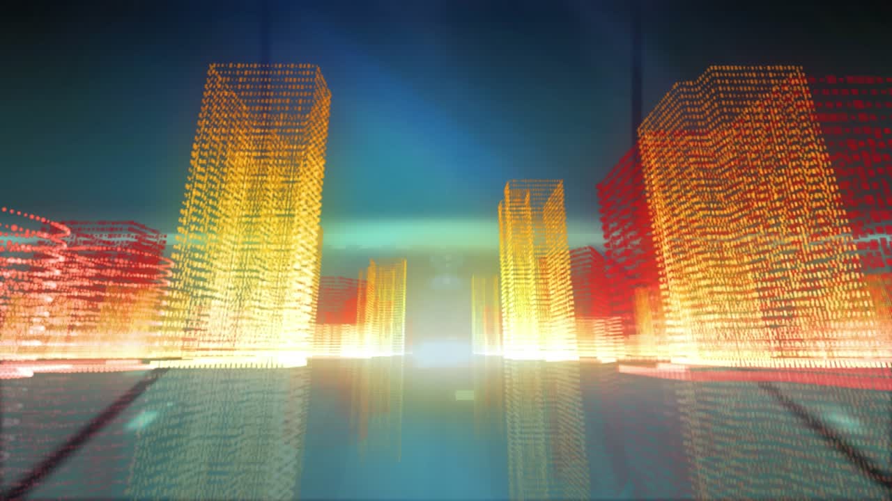 Animazione di un paesaggio urbano 3D luminoso su scie luminose.