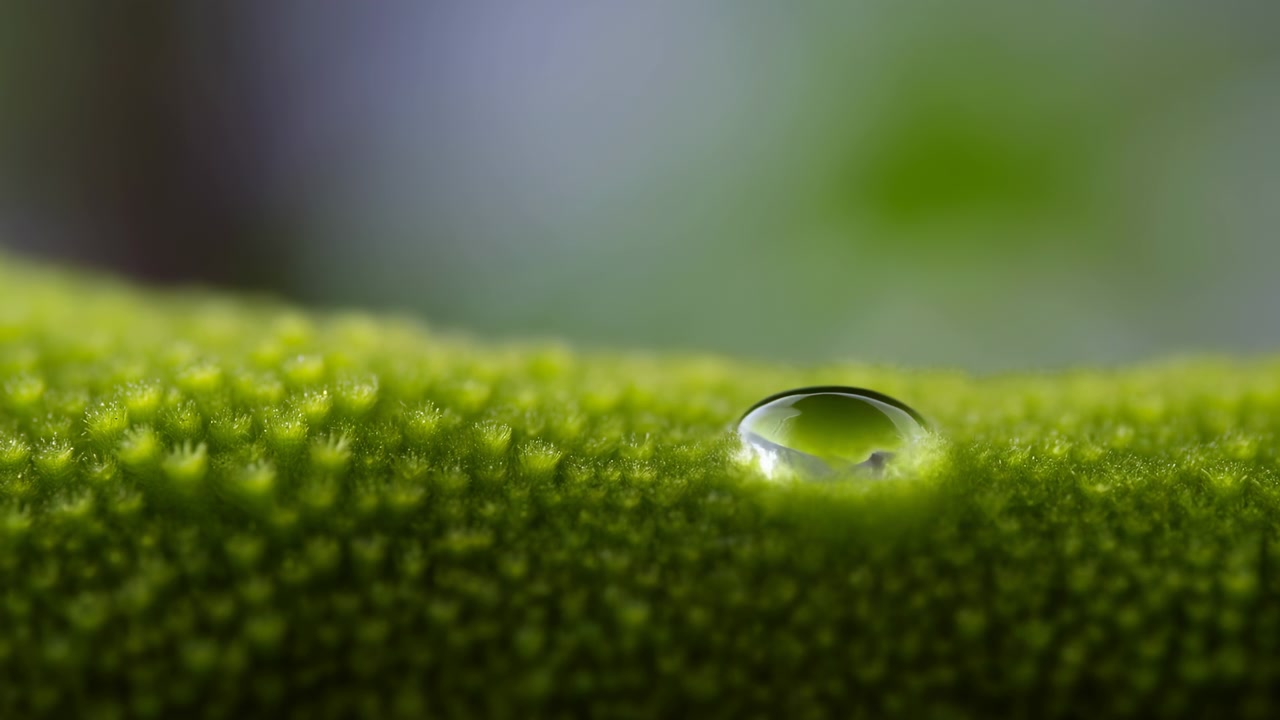Movimento in primo piano di una singola goccia d'acqua che cambia forma su muschio verde brillante, da sfera sospesa a chiazza umida appiattita, rivelando tensione superficiale, umidità, morbidi riflessi e ricca materia organica.