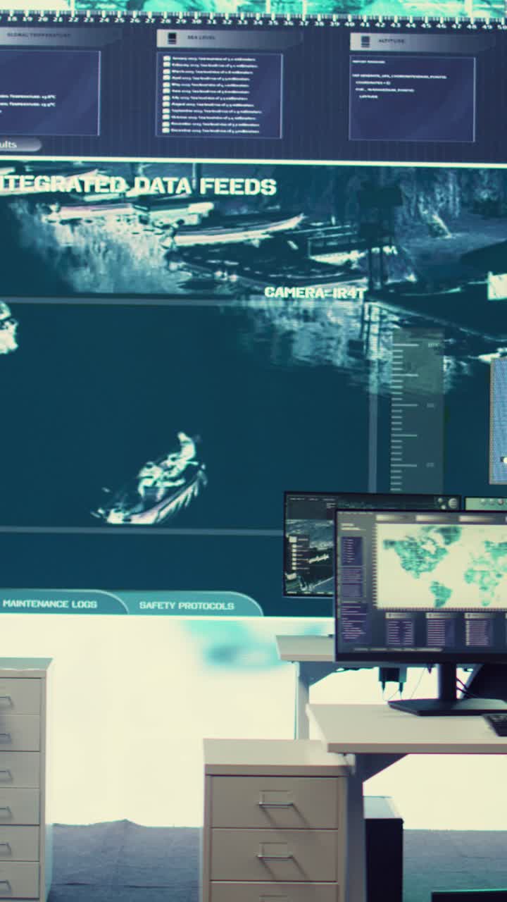 Multiple Computer Monitors Displaying Digital Data in a High-Tech Control Room