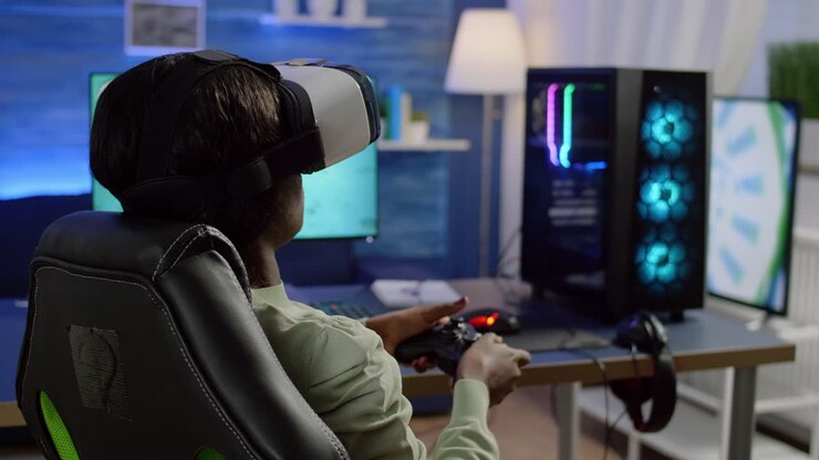 Gamer donna di colore vista di spalle che indossa un visore VR e gioca con un joystick.