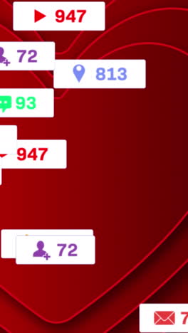animación de corazones y reacciones en las redes sociales sobre un fondo rojo