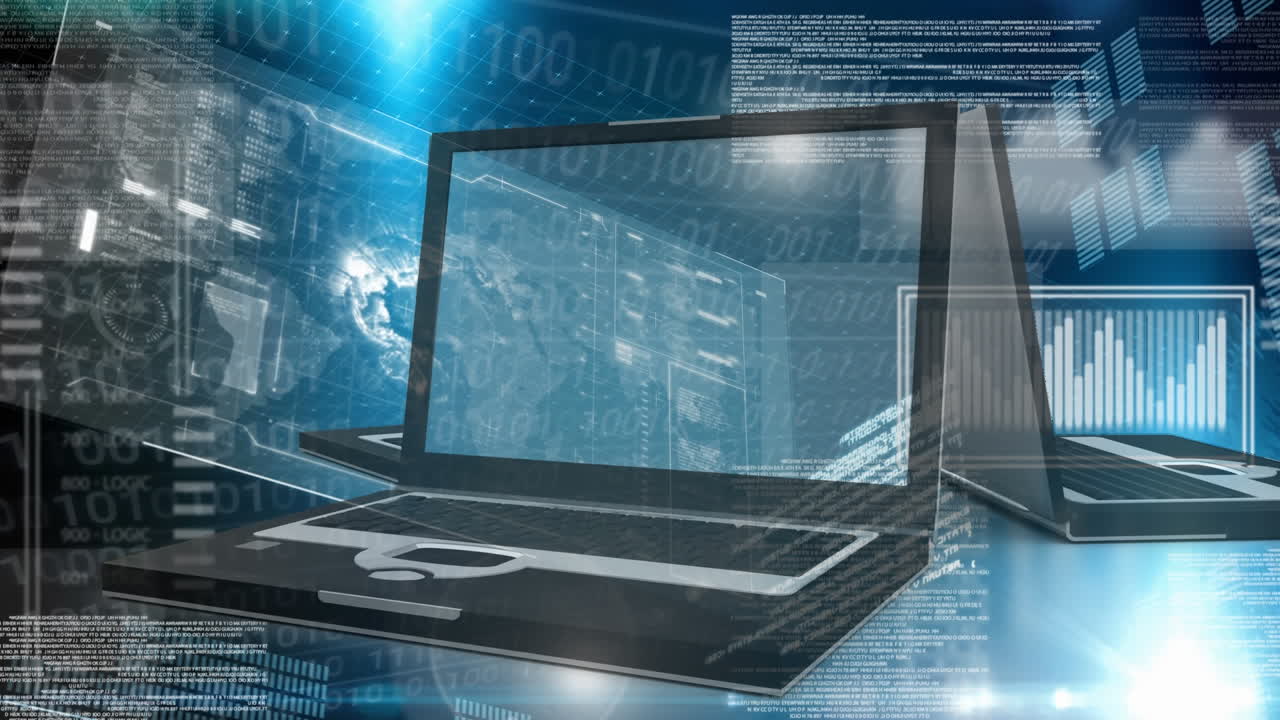 animación digital de un portátil que muestra la pantalla de la interfaz digital 4k