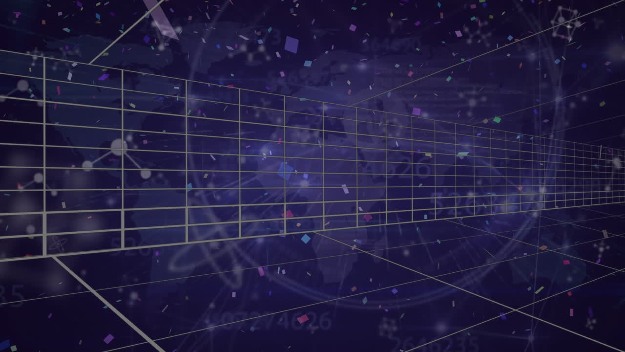 Animation of confetti and molecules over world map
