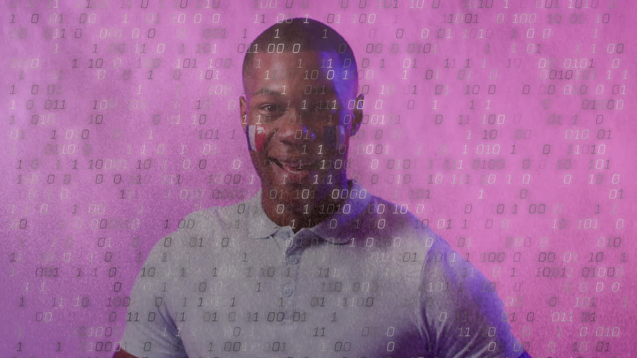 Binary code animation over pink background with smiling man in focus