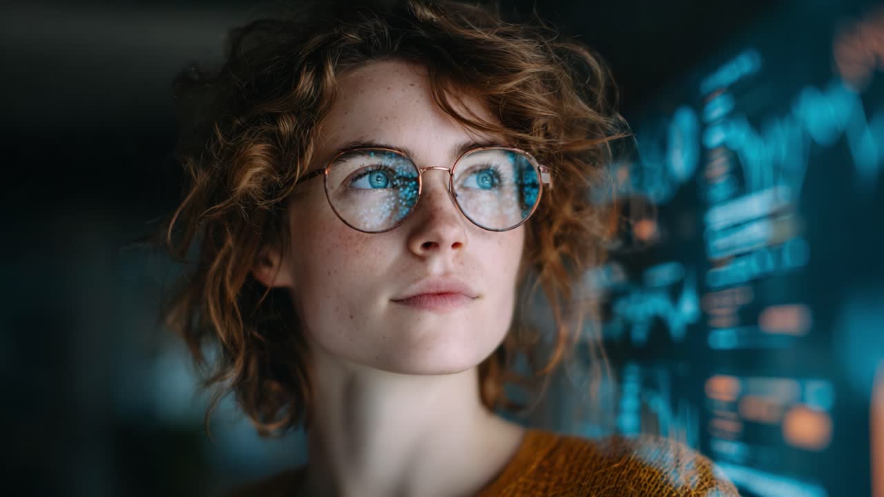 A young woman with curly hair and glasses gazes thoughtfully while analyzing data visualizations on a digital screen, reflecting curiosity and intelligence