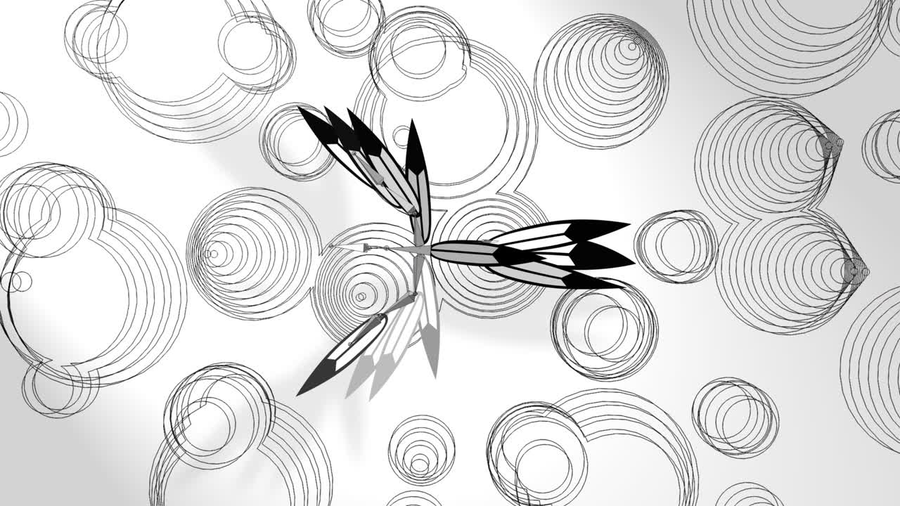 animación 3d, pájaro robótico o cigüeña volando sobre el suelo con muchos círculos