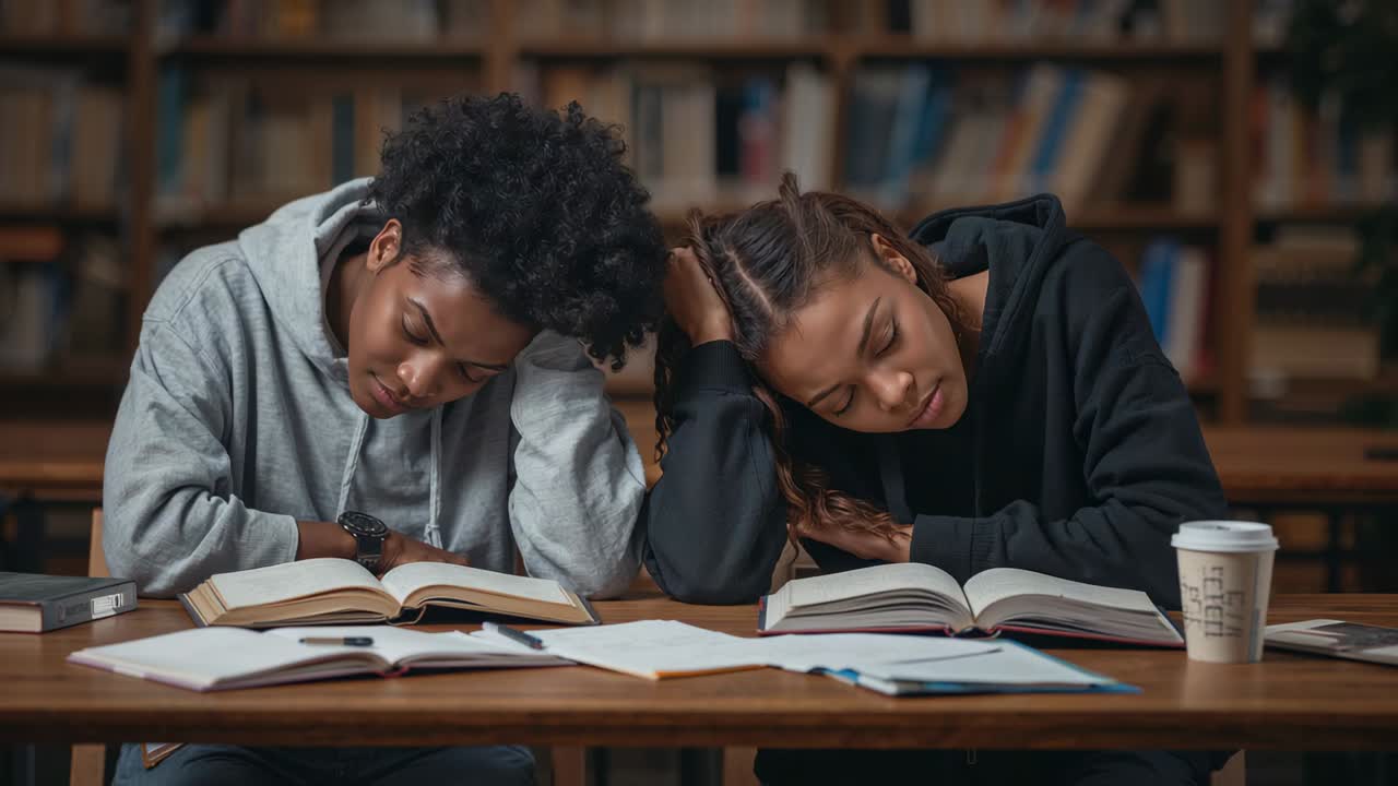 Lifting heads after studying, two students in hoodies sitting upright at library, with textbooks