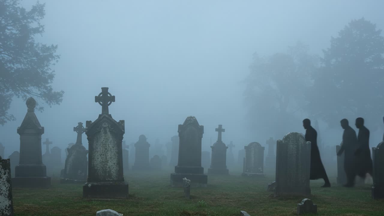 Eerie Atmosphere in a Fog-Laden Graveyard Showcases Mysterious Figures Walking Amongst Weathered Headstones and Crosses at Dusk