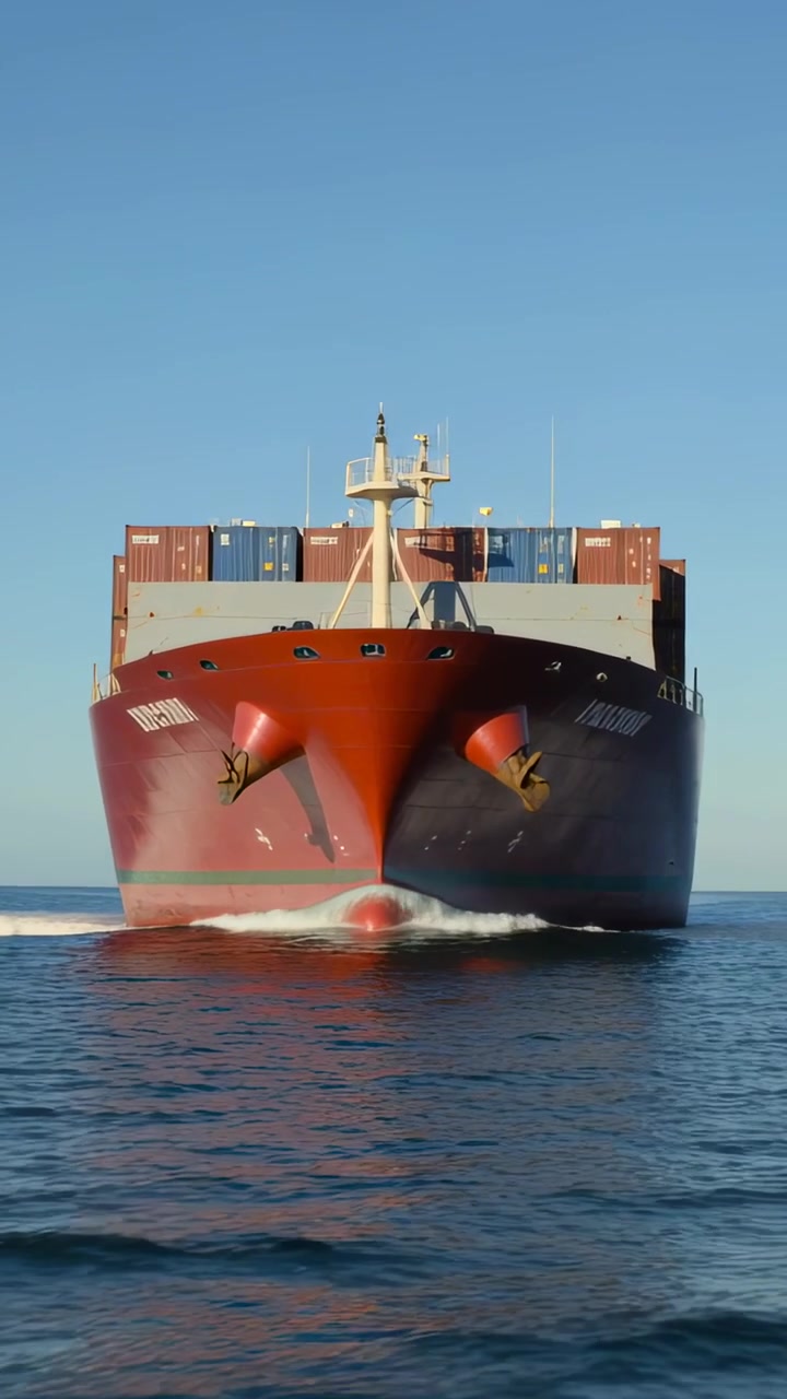 Buque de carga rojo mantiene el rumbo y se acerca a la lente, revelando la ola de proa y los detalles del casco para el transporte marítimo.