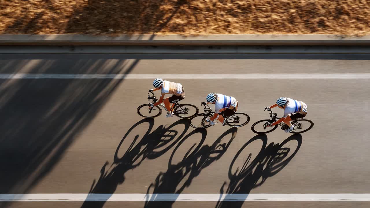 Vista aérea de ciclistas de competición en movimiento en un día soleado, que muestra el trabajo en equipo y la velocidad, a la vez que proyecta fuertes sombras sobre la superficie de la carretera de asfalto