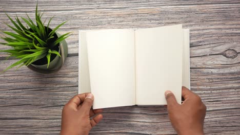 open book on wooden table with plant