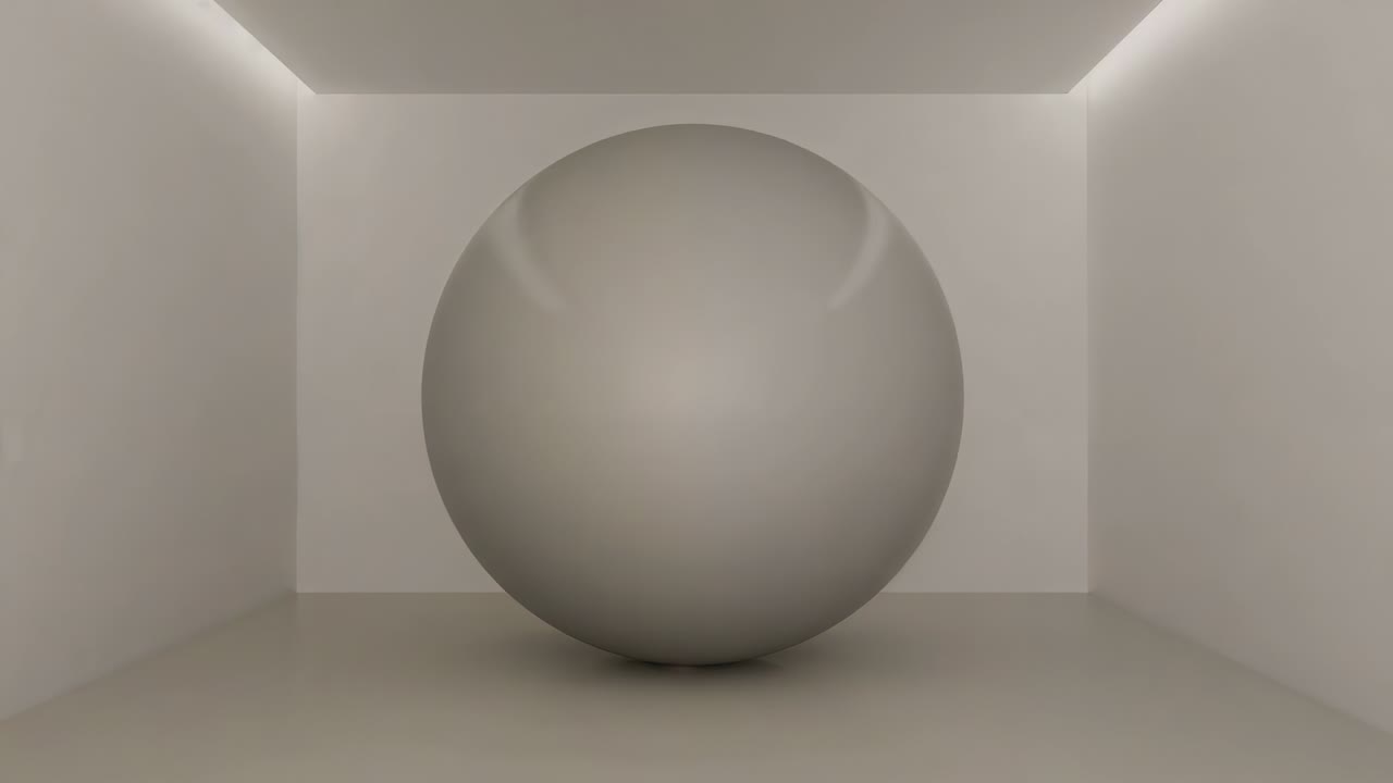 Growing matte-gray sphere moving forward, sequence starting in room with cove light and floor sheen