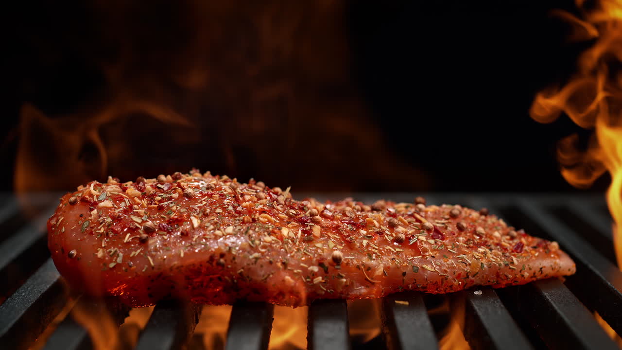 Marinated Seasoned Chicken Breast Falling Onto The Grill Flaming In Slow Motion on the Black Background