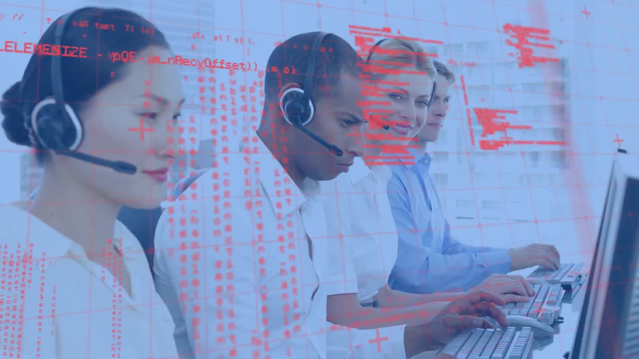 animación del procesamiento de datos sobre diversas personas de negocios que usan auriculares telefónicos