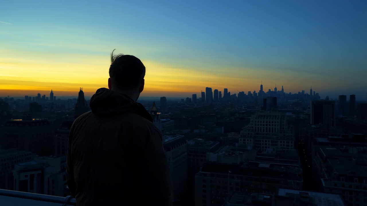 Person on rooftop overlooking city skyline at sunset