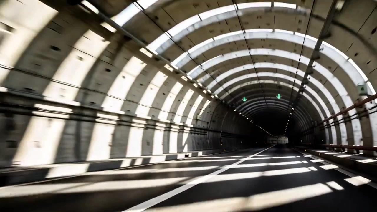 Telecamera in movimento da lucernari luminosi, passando costoloni ad arco di una galleria, mostrando un'auto bianca e frecce verdi