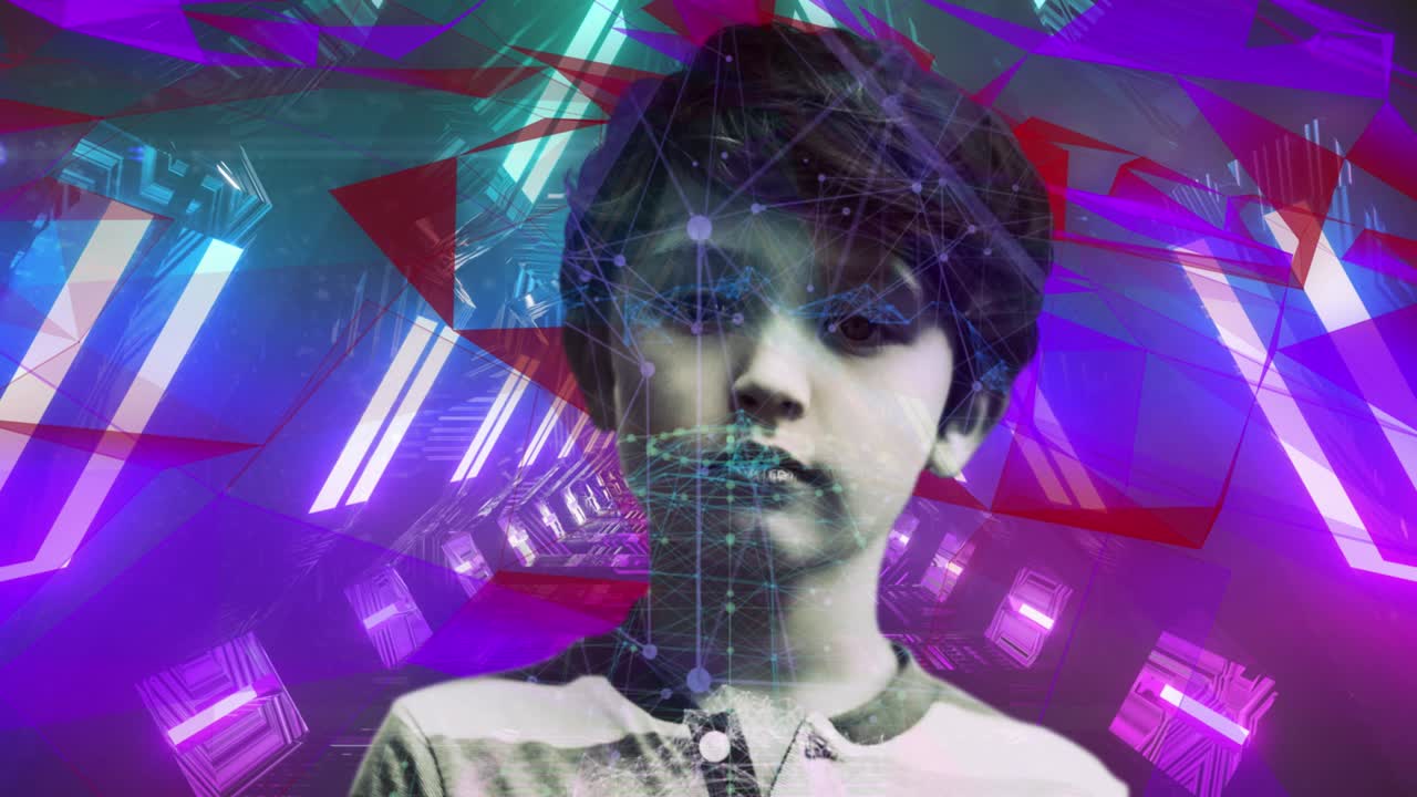 animación de un túnel de neón sobre un niño mirando a la cámara