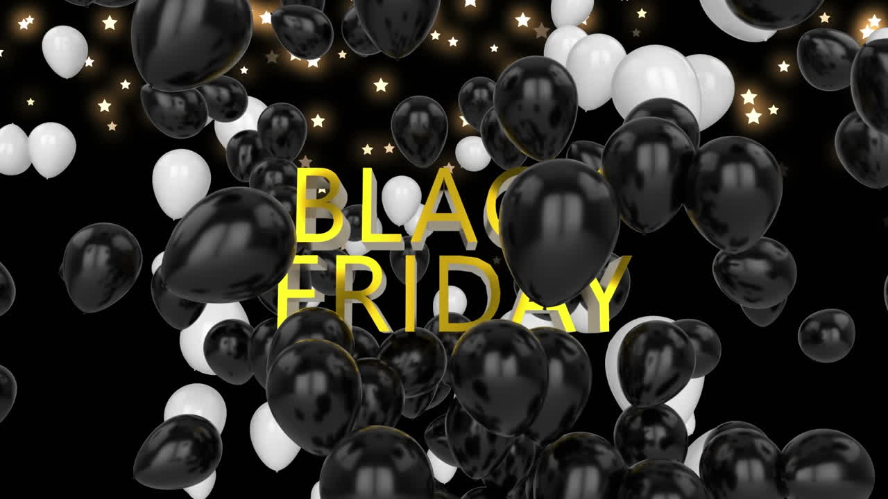 animación del texto del viernes negro y globos sobre estrellas brillantes sobre fondo negro