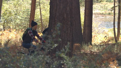 Couple-talk-and-ride-mountain-bikes-in-forest,-panning-shot