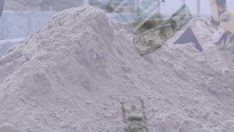 composite video of american dollar bills falling against bulldozer working at construction site