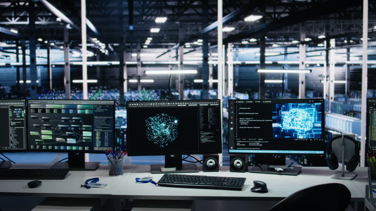 Monitors In Data Center Displaying Ai Tech Software Interface