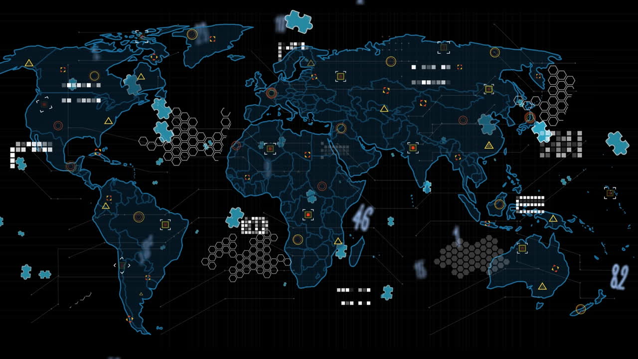 Animation of data processing and world map over dark background