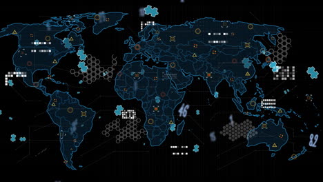 animation of data processing and world map over dark background