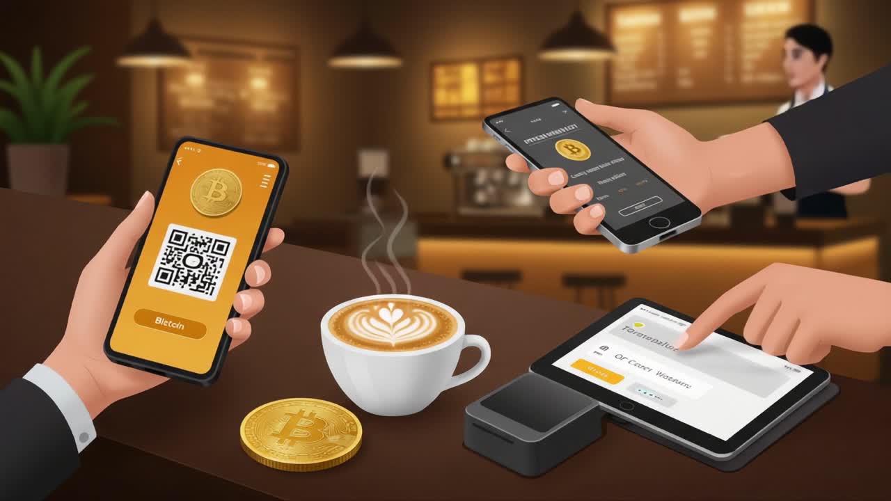 Exploring the Future of Payments: A Digital Currency Transaction in a Cozy Cafe Setting Featuring Bitcoin, Smartphones, and a Touch Screen Payment Device