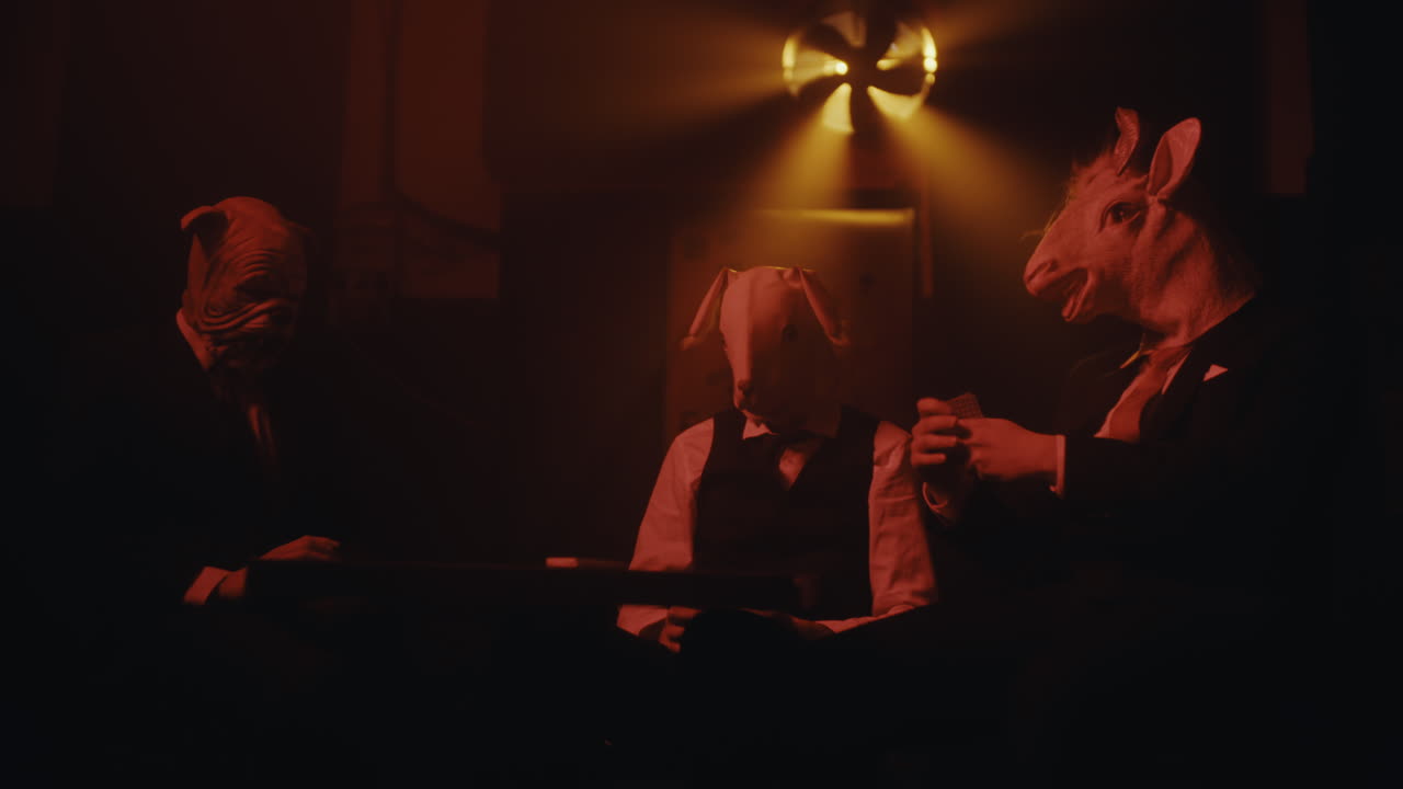 Masked Figures in a Dimly Lit Room