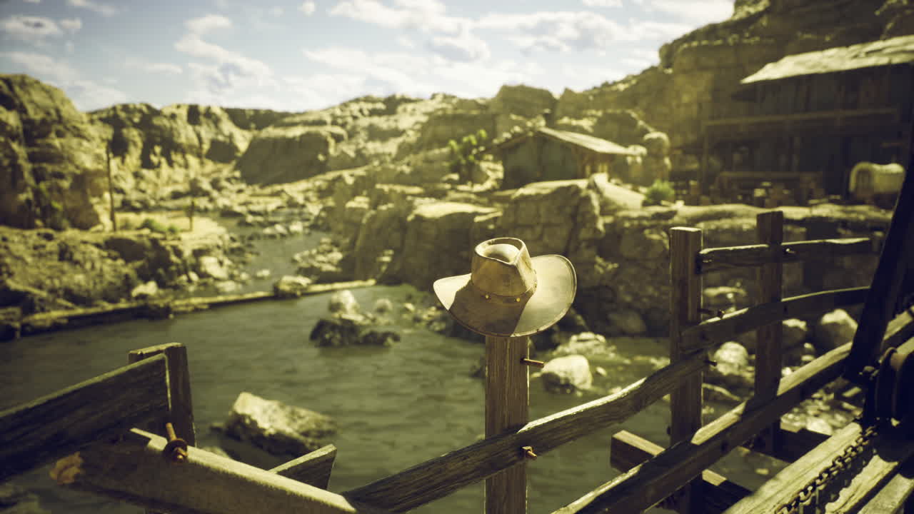 Cowboy hat resting on a fence post near a serene river in a rugged landscape