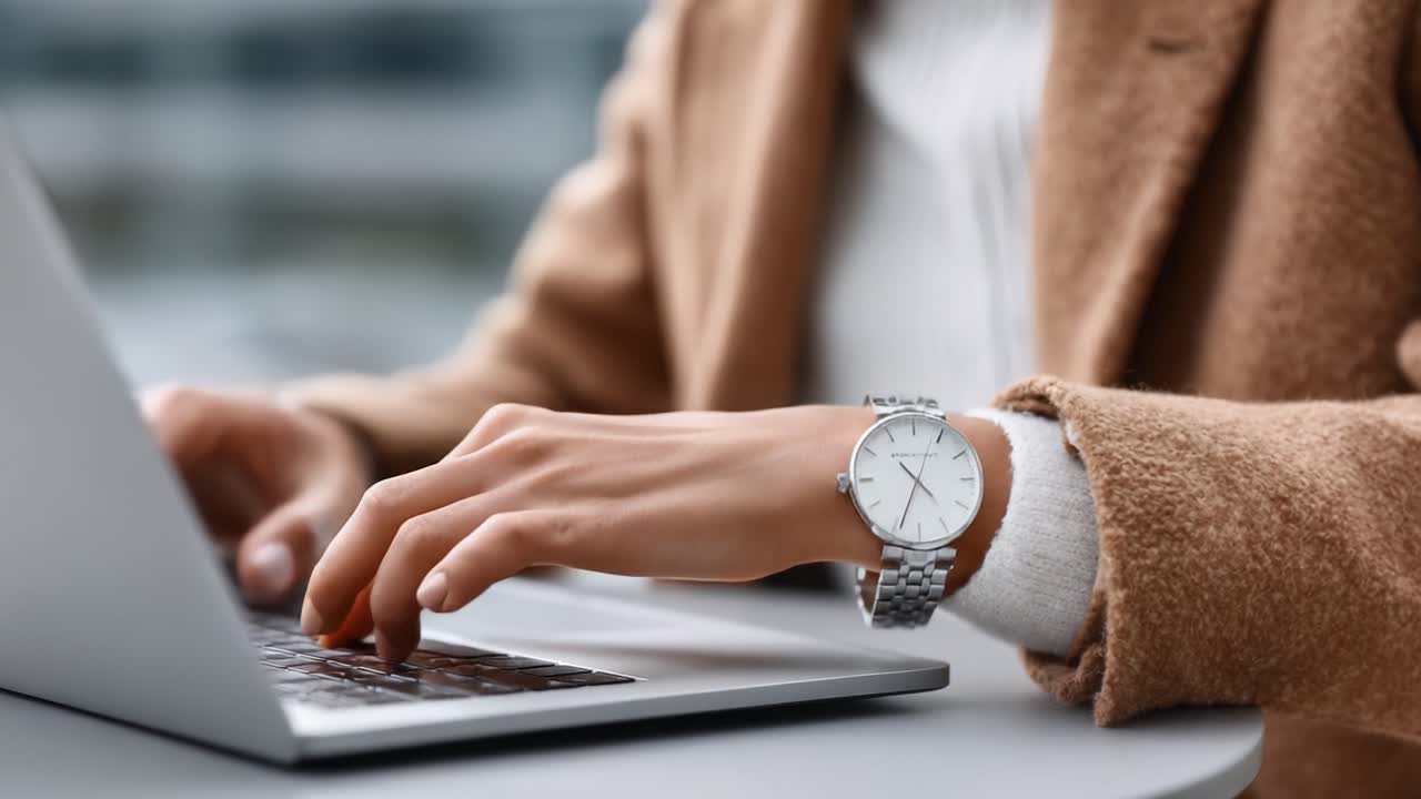 A Close-Up View of a Stylish Watch Adorning a Person's Wrist While Using a Laptop, Showcasing Modern Technology and Fashionable Accessories in an Everyday Setting