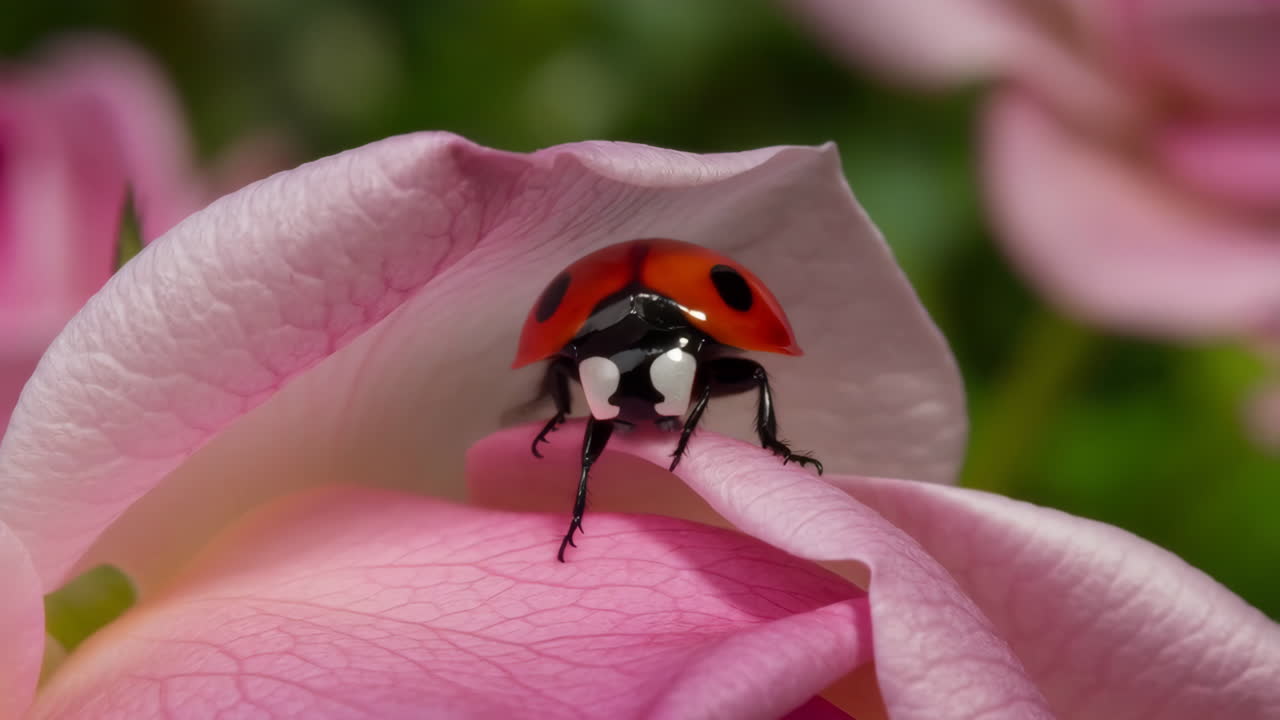 A close-up of a ladybug on a pink rose petal