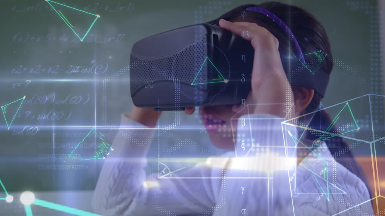 Animation of geometrical shapes over asian girl in vr headset