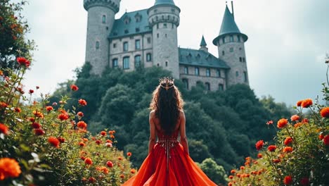 princess in a red gown by a castle