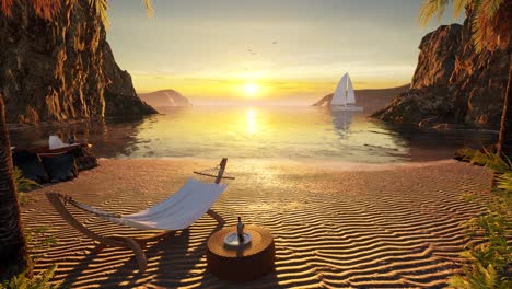 beautiful sand beach, with waves coming in, cliffs, palm trees, beach chair, and a small table with a bottle of wine, 3d animation, sunset time