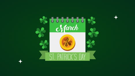 tarjeta animada del día de san patricio con calendario y monedas