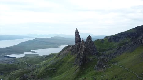 advance drone shot of old man of storr rock formations in isle of skye scotland