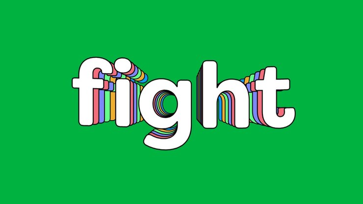 Grafica testuale animata con la parola 'Fight' su schermo verde