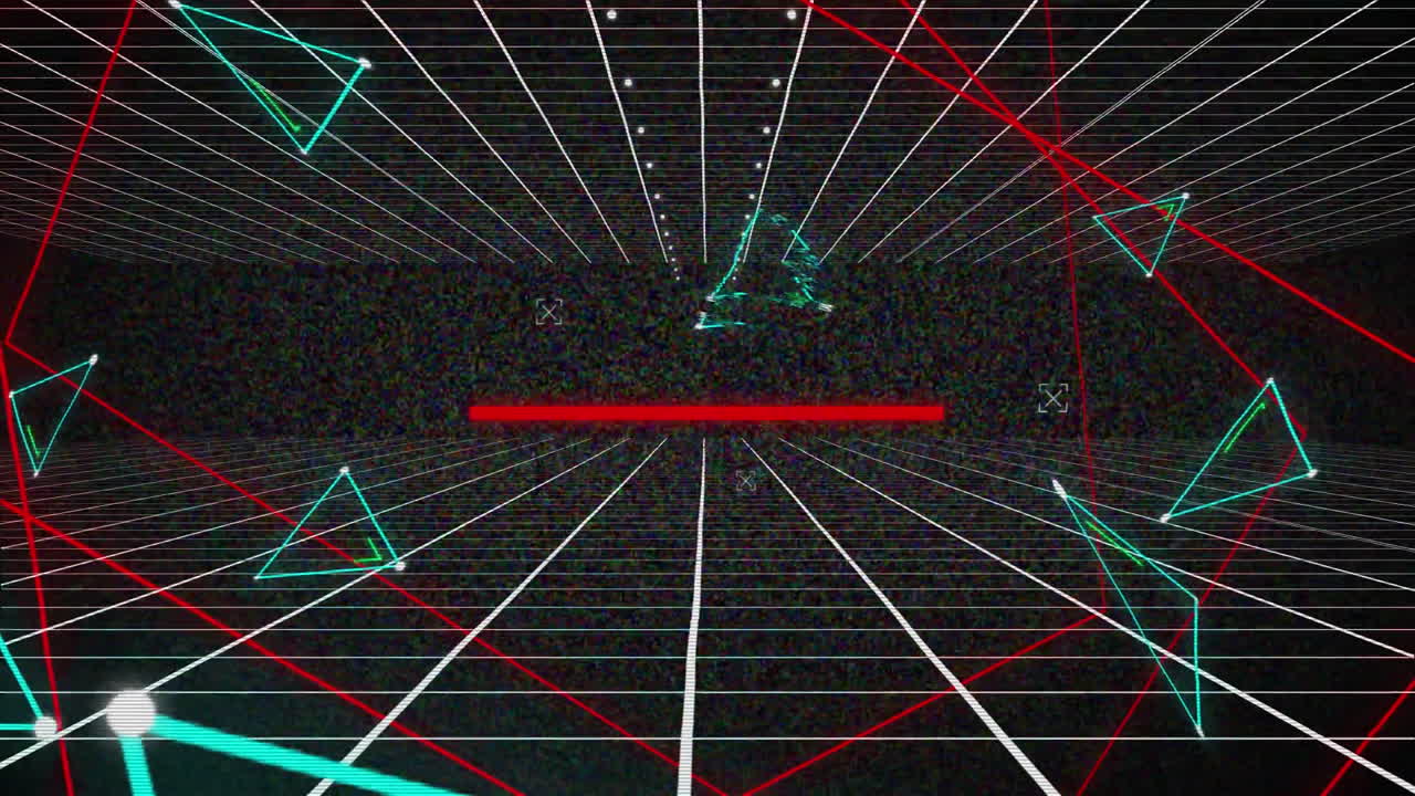 움직이는 격자에 파란색 삼각형과 빨간색 선을 가진 그래픽에 의해 서