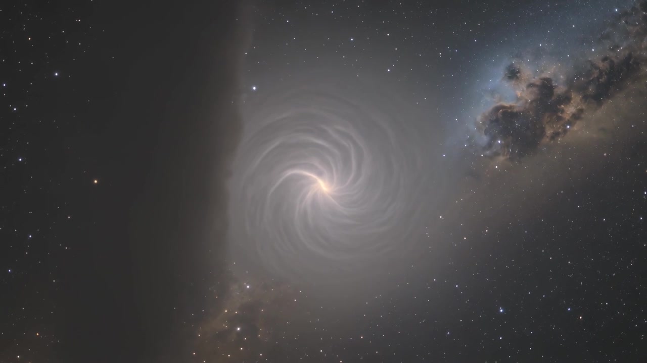 Una spirale rotante nello spazio con il nucleo che si illumina, i bracci che si definiscono e che ondeggia vicino a una corsia di polvere e una nebulosa.