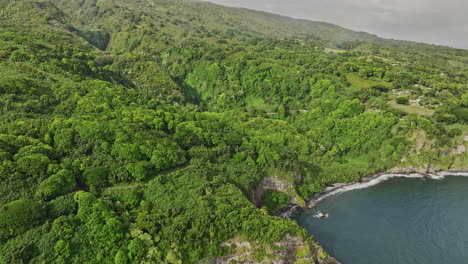 Maui-Hawaii-Aerial-V4-Drone-Flyover-Pailoa-Point,-Aufnahme-Der-Naturlandschaft-Des-Hana-Forest-Reserve-Mit-üppigen-Vegetariern-Und-Ausblicken-Auf-Die-Inselküste-–-Aufgenommen-Mit-Mavic-3-Cine-–-Dezember-2022
