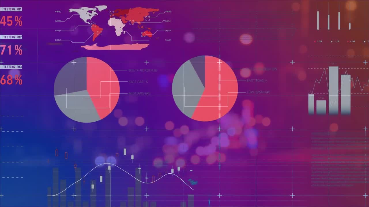 animación de una interfaz infográfica multicolor sobre vehículos en movimiento borrosos en la calle.