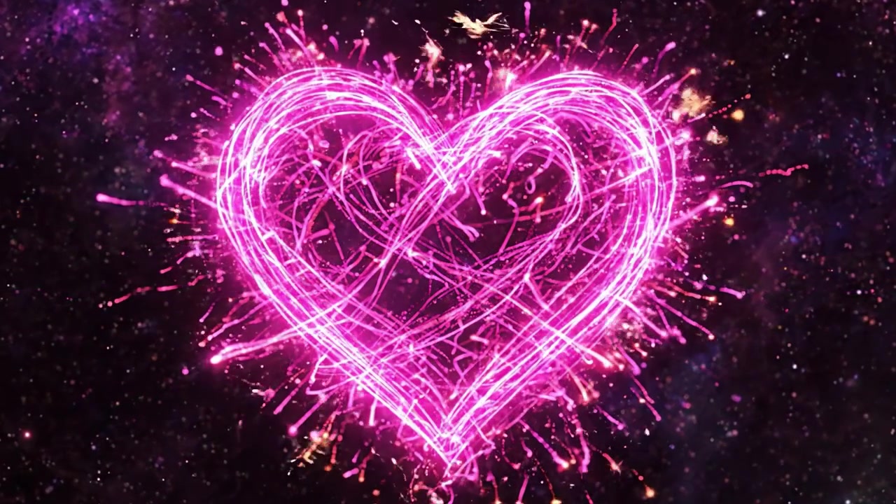 Uno straordinario spettacolo cosmico con un bagliore colorato a forma di cuore su uno splendido sfondo galattico con stelle scintillanti e colori vivaci.