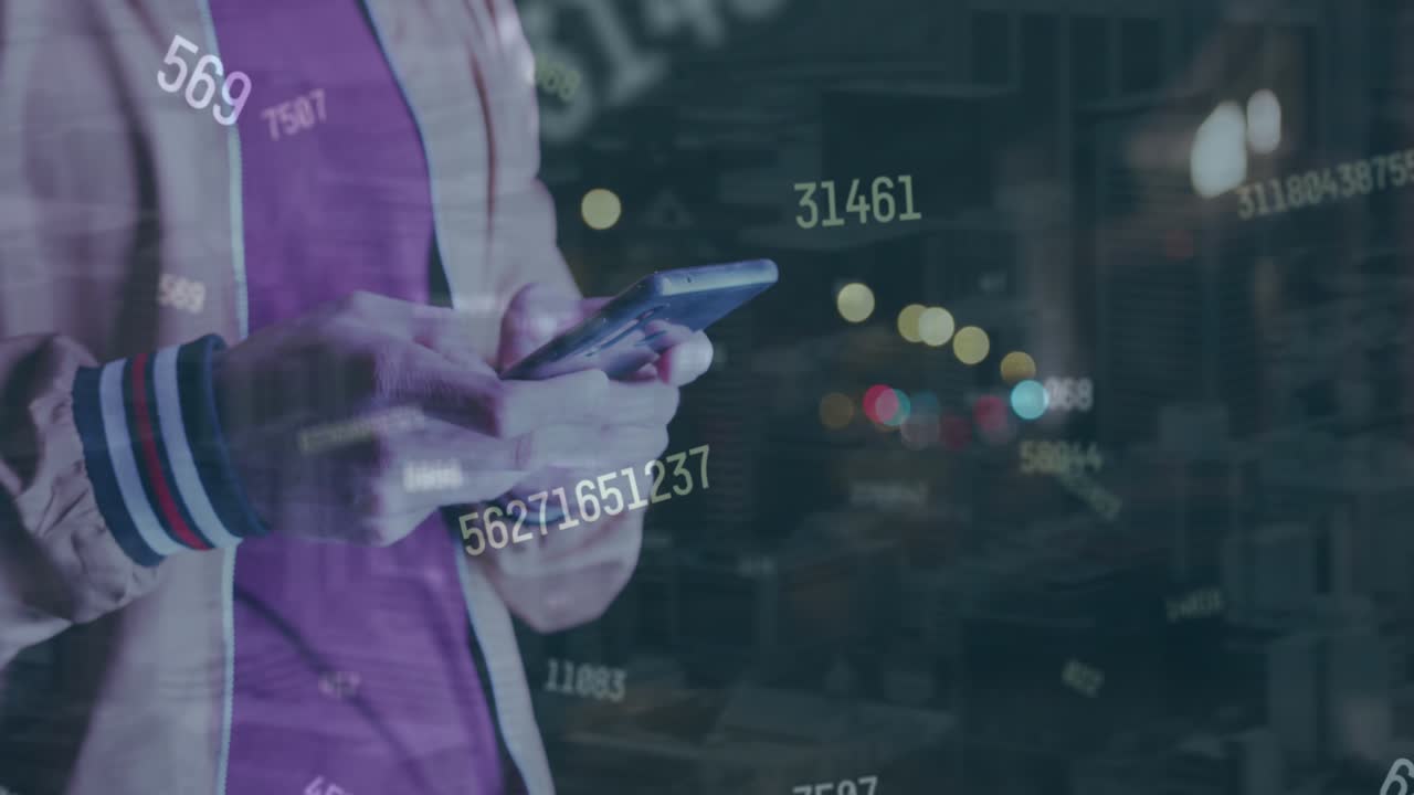 Animation of changing numbers over midsection of caucasian man typing on keyboard of smartphone