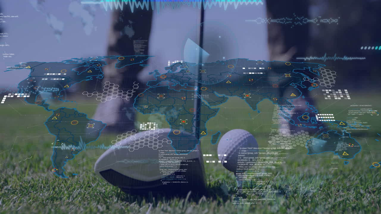 Golf club and ball on grass with world map data overlay animation