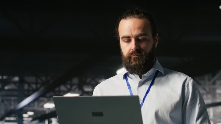 Programmør på datacenterplatform bruger bærbar computer