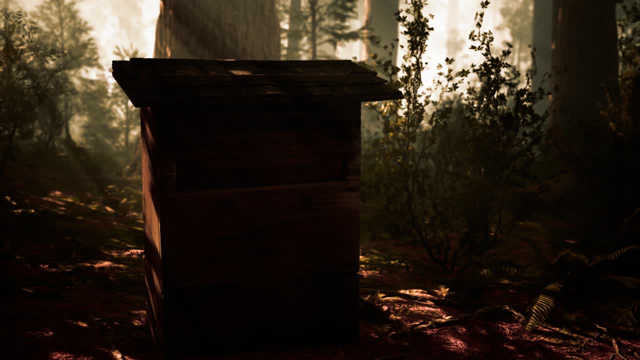 안개 속의 숲 속에 있는 오래된 나무 벌집