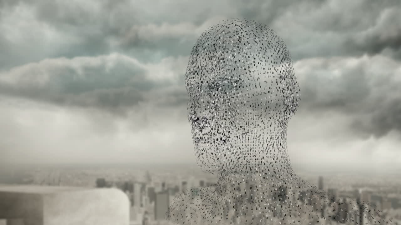 Animation of digital human figure with binary code in cloudy cityscape background
