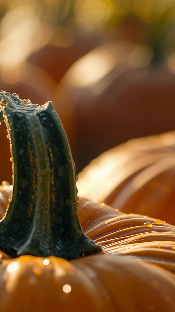 Vertical video: Droplet forming at pumpkin stem causing dew dripping in pumpkin field, copy space